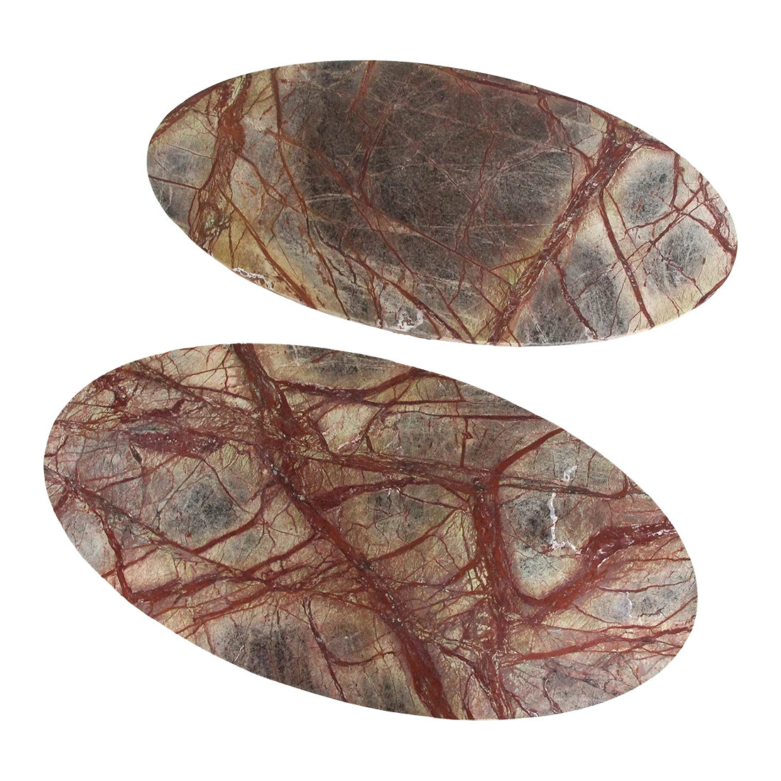 Kayu Living Bizar oval marble coffee table tops featuring unique red and brown veined stone patterns on black background