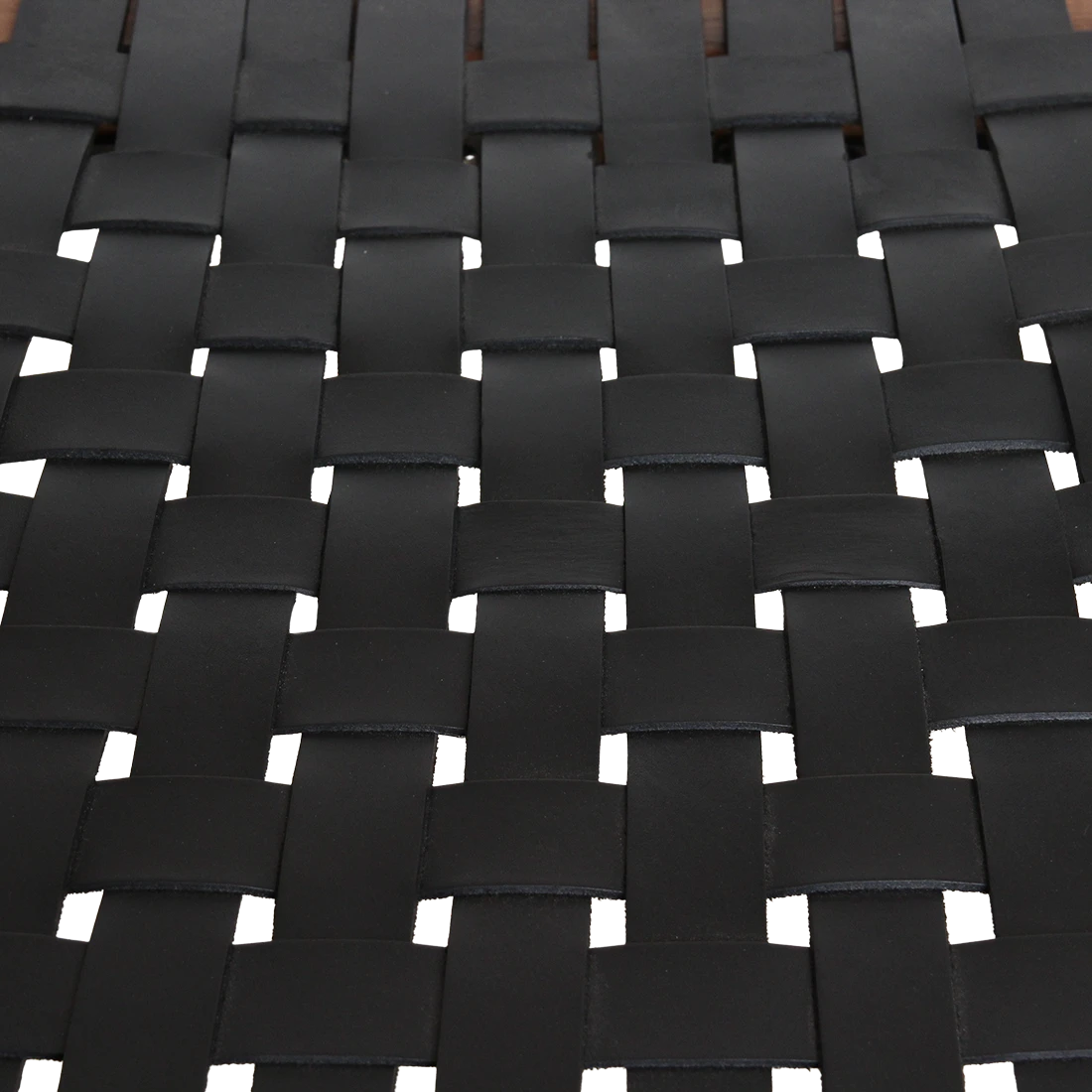 Kayu Living black leather woven seat and armrests on teak dining chair. Set of 2.