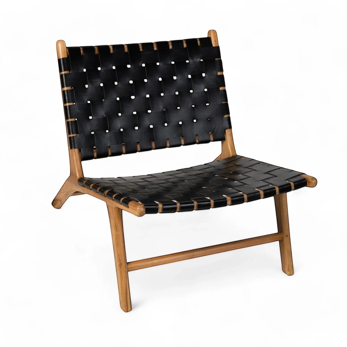 Kayu Living Umalas black handwoven leather lounge chair with teak frame.