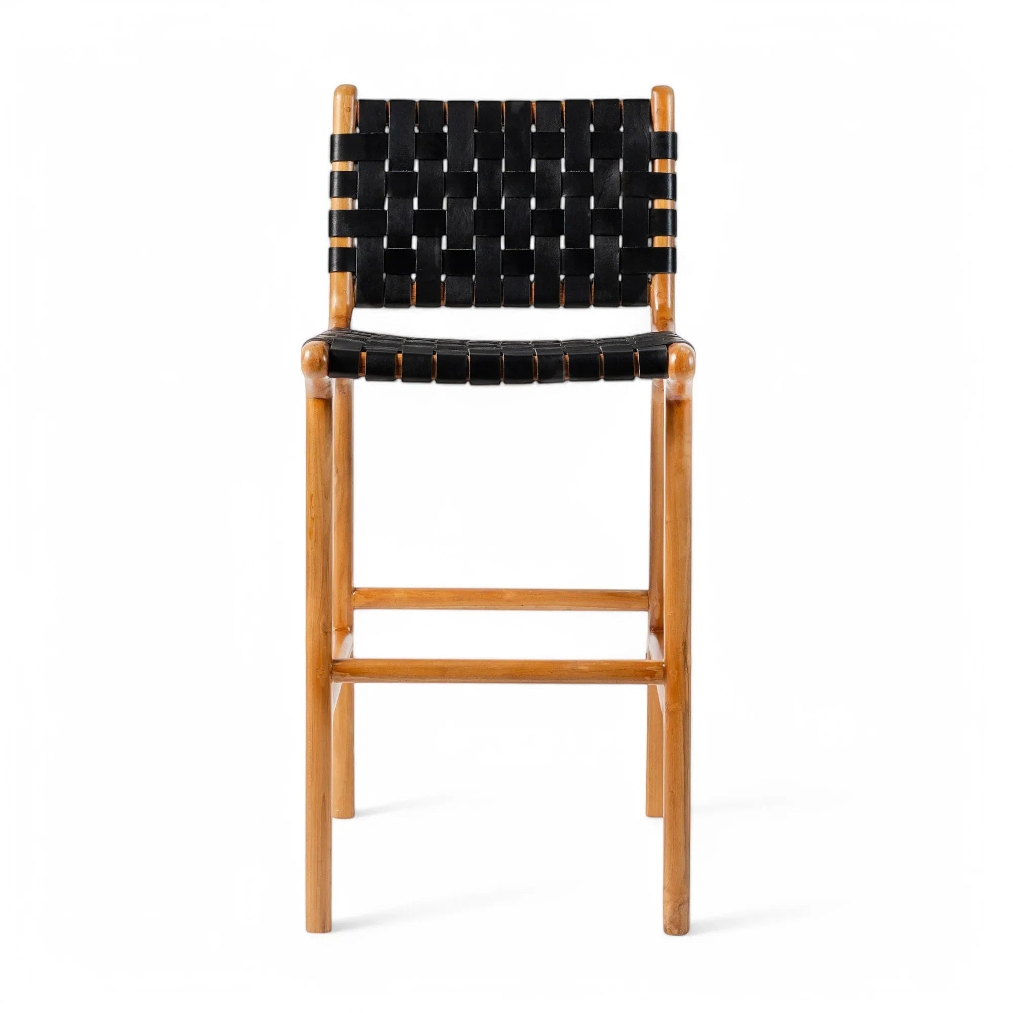 Kayu Living Umalas counter stool with black woven leather seat and natural teak wood frame.