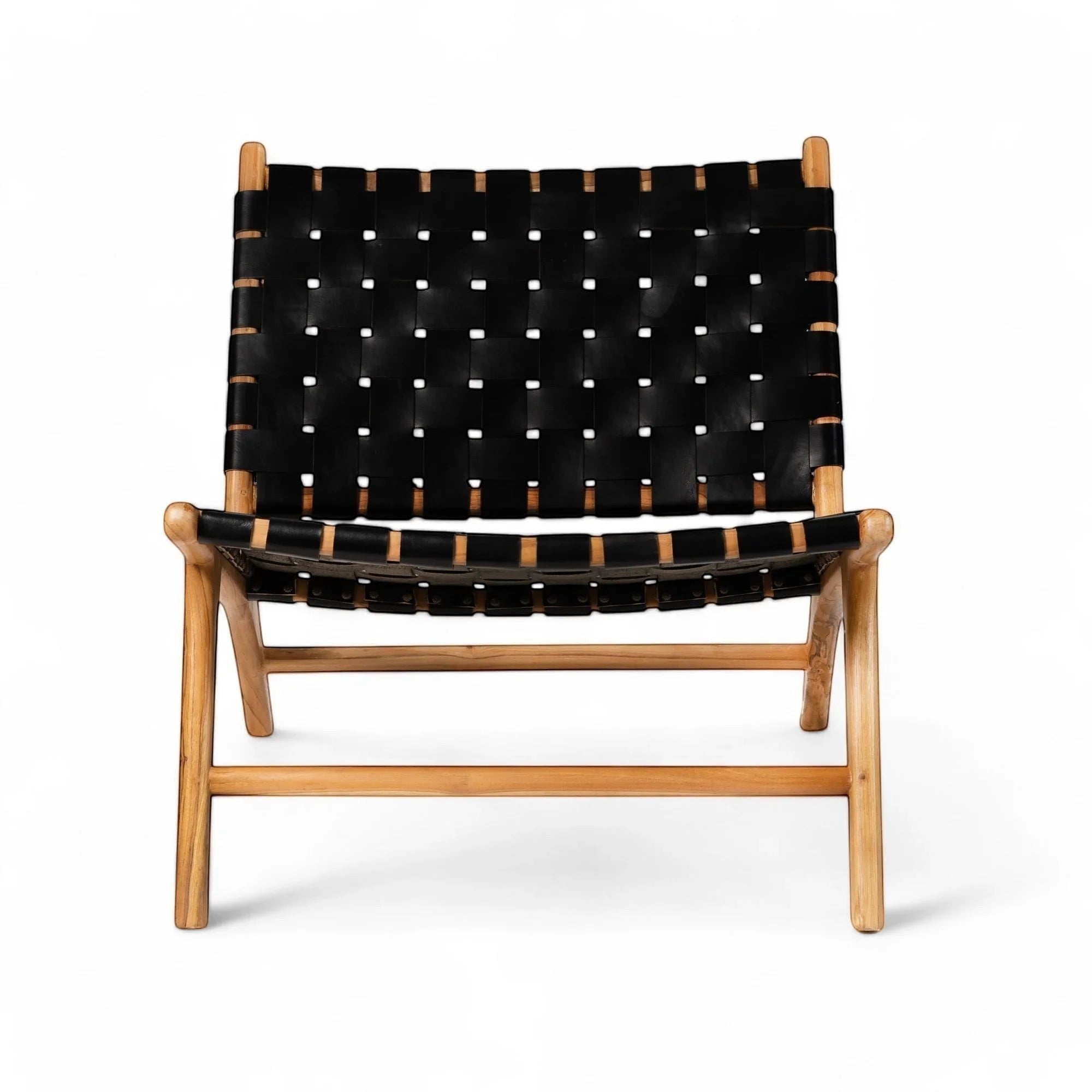Kayu Living Umalas lounge chair with black handwoven leather seat and teak frame.