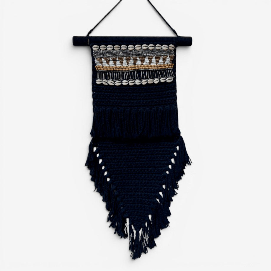 Kayu Living black macrame wall hanging with beads and shells, 70x30 cm, bohemian style.