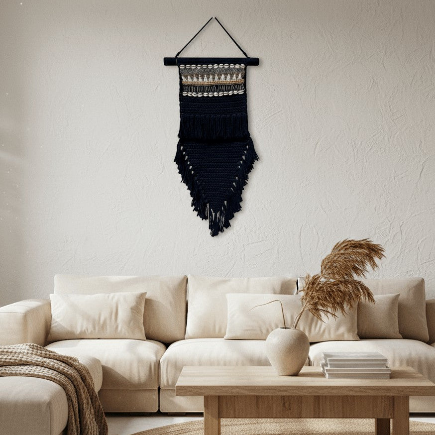 Kayu Living black macrame wall hanging with beads and shells, 70x30 cm, bohemian style.
