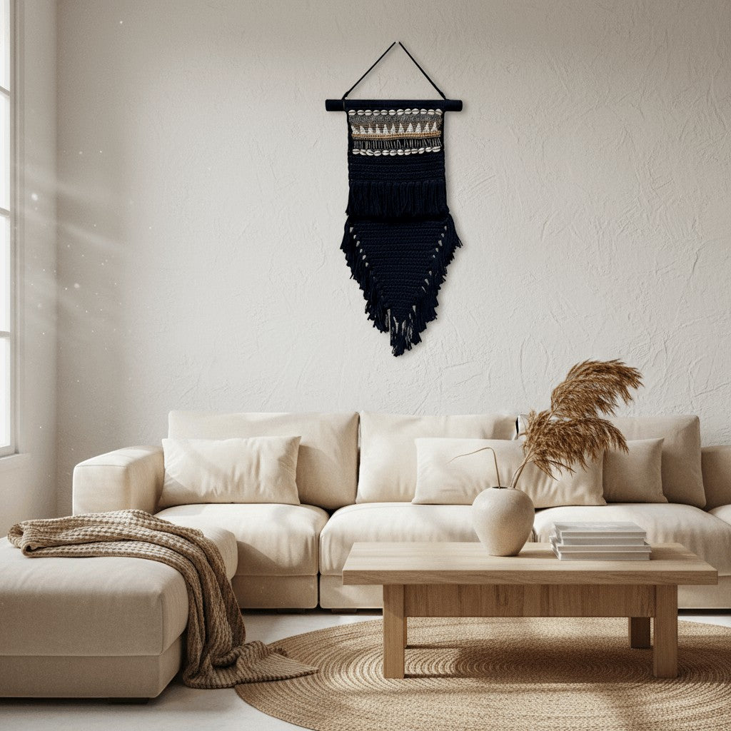 Kayu Living black macrame wall hanging with beads and shells, 70x30 cm, bohemian style.