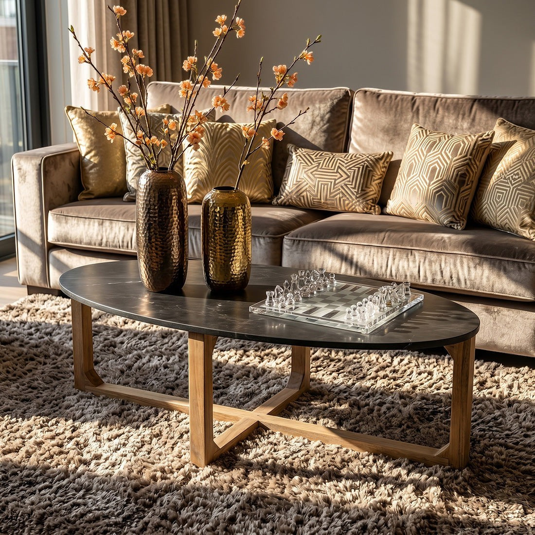 Kayu Living black oval marble coffee table with a sustainable mango wood crossed base in a sunlit living room.