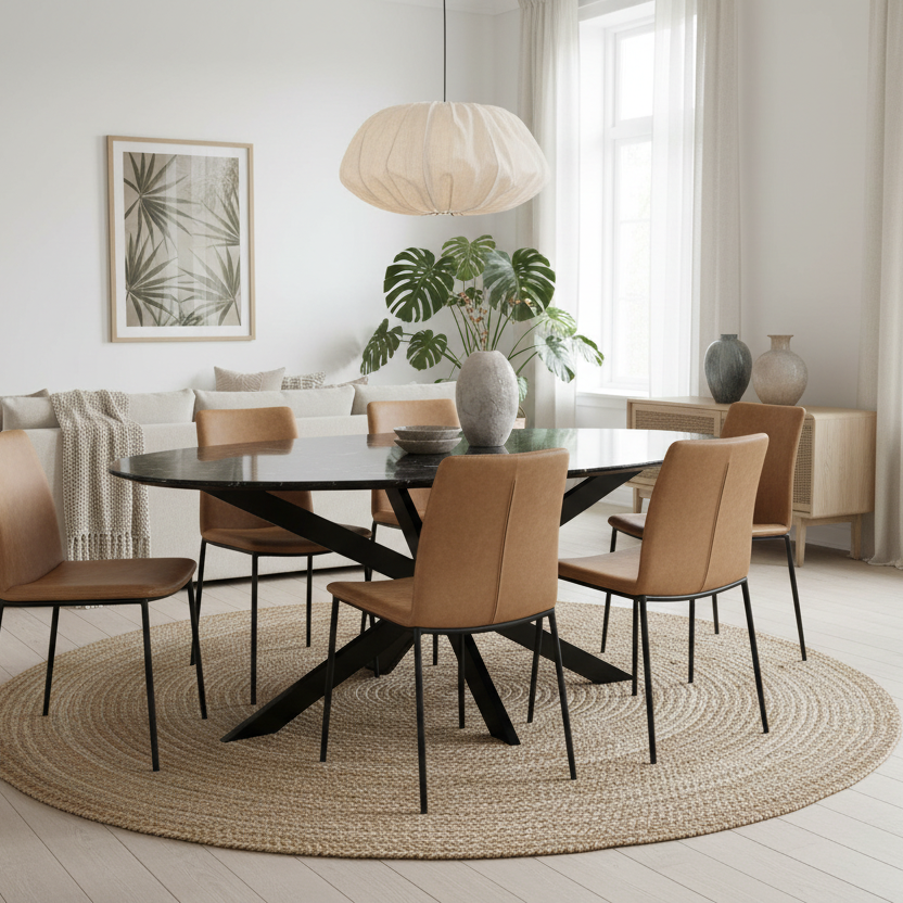 A modern dining room scene featuring a round black glass-top table with a black metal X-shaped base, surrounded by four tan upholstered chairs with black legs. The furniture is arranged on a large round natural jute rug in a bright, modern room with a white sofa, a hanging pendant light, and a potted monstera plant.