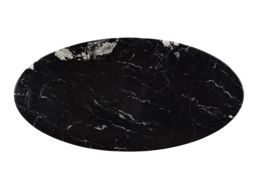 Kayu Living oval dining table with a black marble top featuring natural white veining, top-down view.