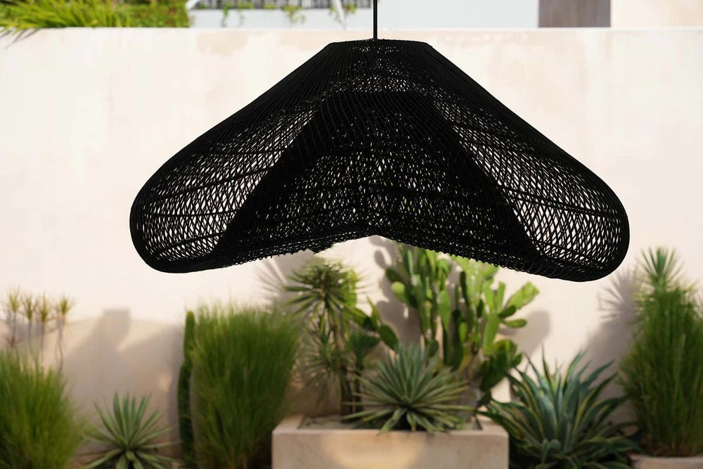 Kayu Living black oversized XXL rattan pendant lamp with a woven sculptural design, perfect for large spaces.