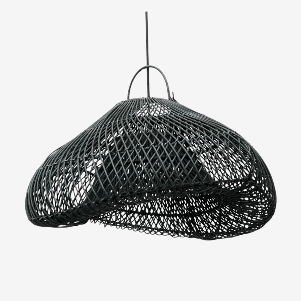Kayu Living black rattan pendant lamp with a unique cloud shape, perfect for boho-style rooms.