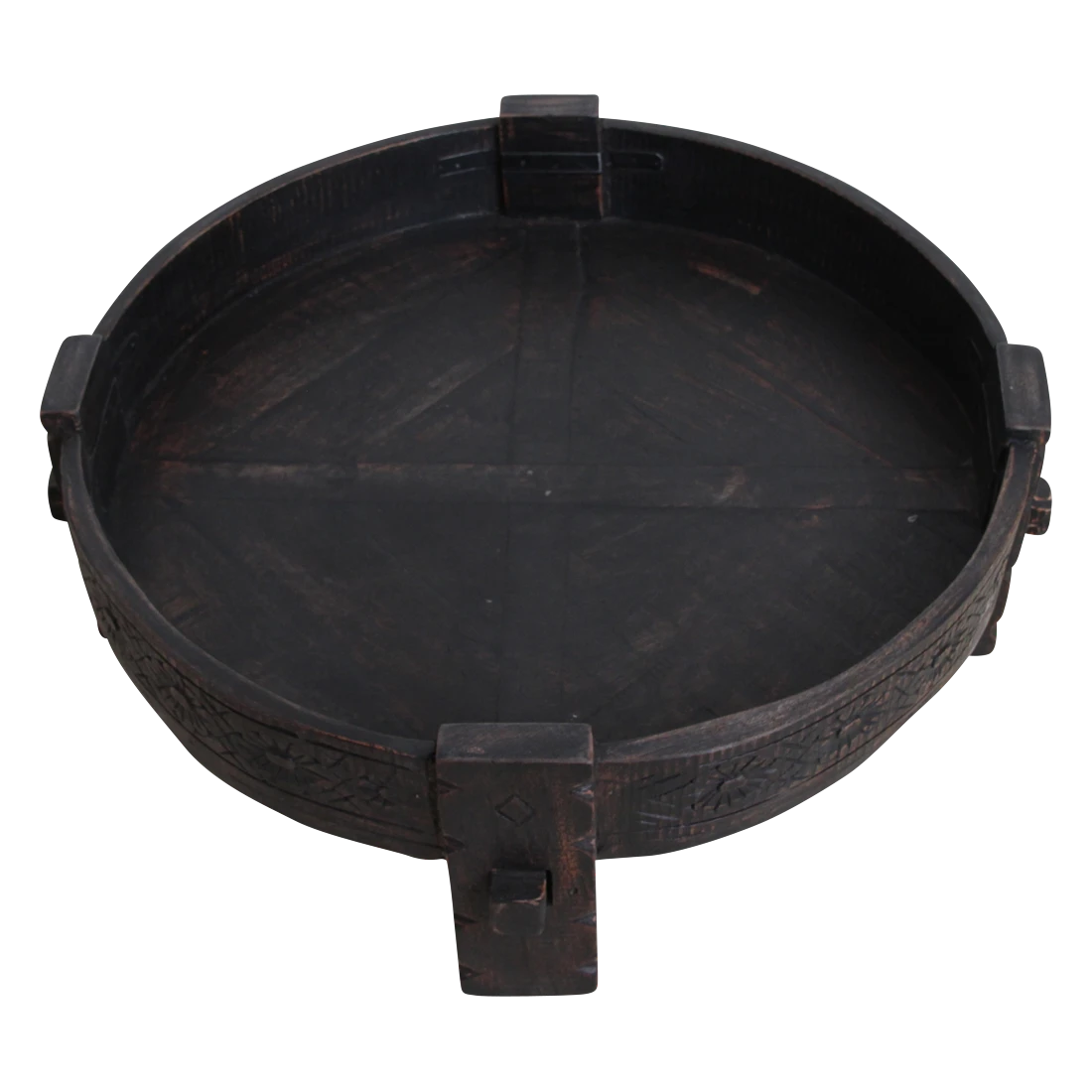 Kayu Living black hand-carved recycled wood Chakki side table with a low profile and traditional Indian design.