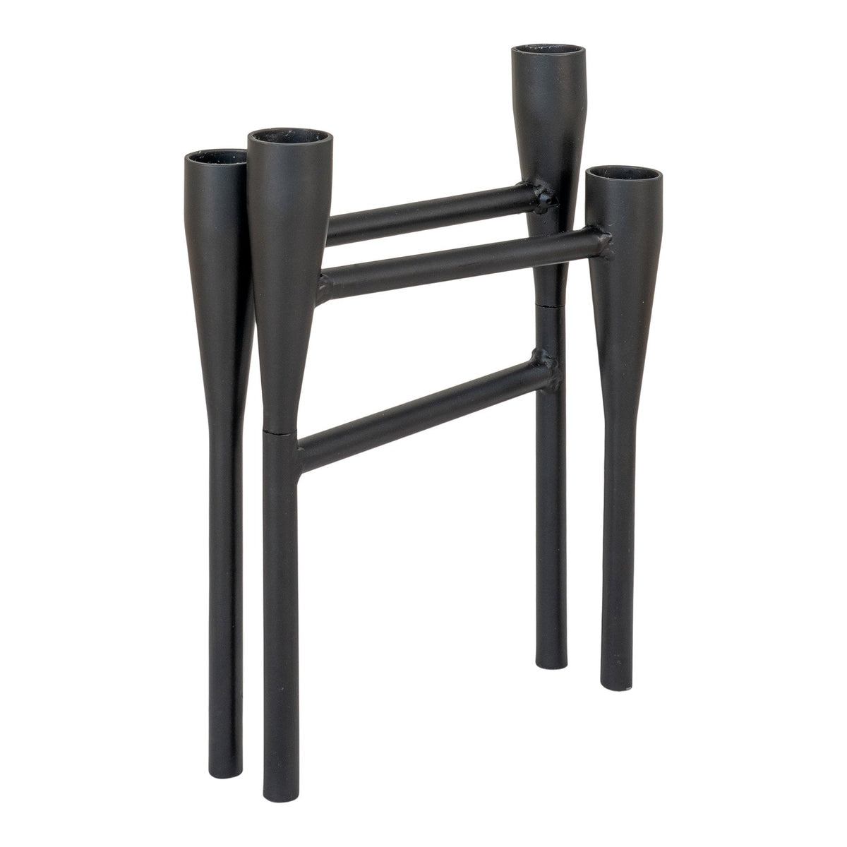 Kayu Living minimalist black steel candle holder with a sleek, modern four-pillar design for contemporary decor.