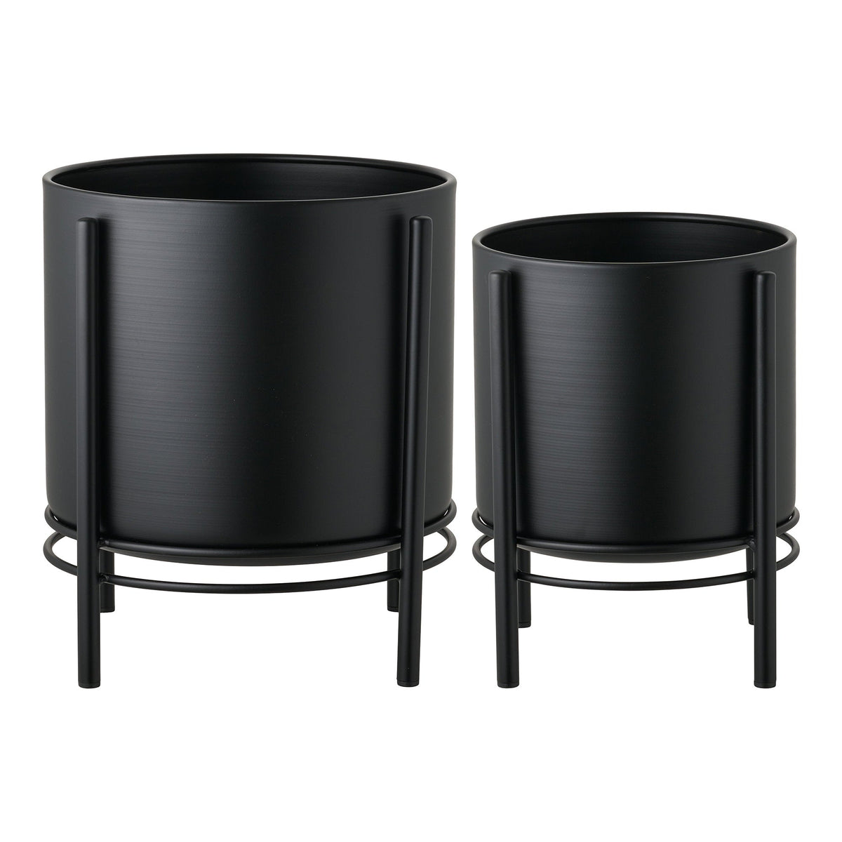 Kayu Living set of two sleek black steel flowerpots with minimalist metal stands on a white background