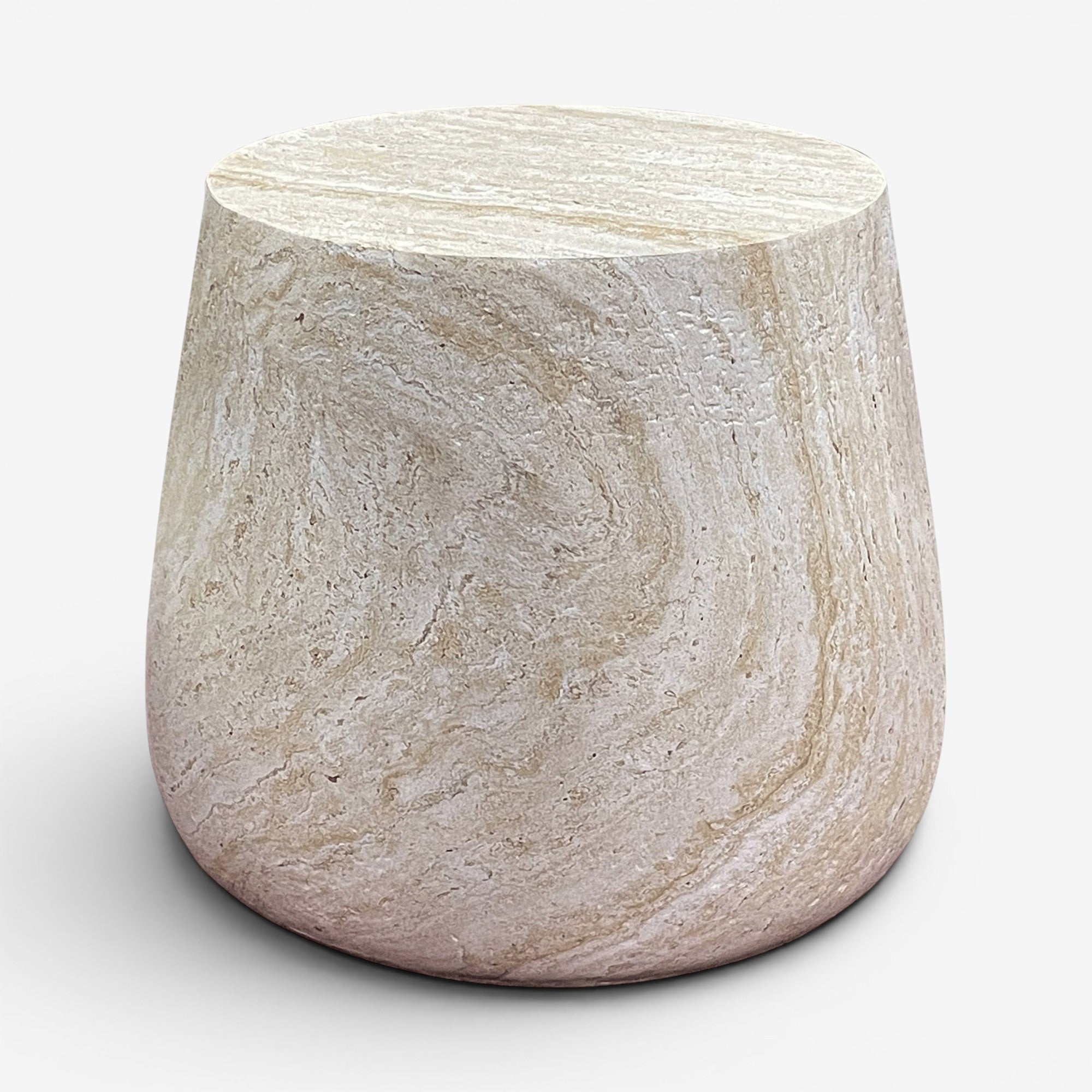 Kayu Living Bonn side table in natural fiberclay with a textured, stone-like finish and minimalist drum shape.