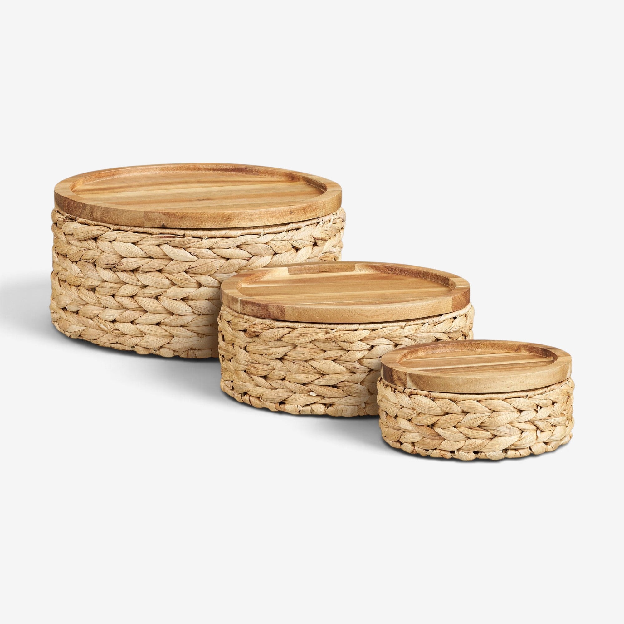 Kayu Living Botofte set of three round natural water hyacinth storage baskets with smooth wooden lids