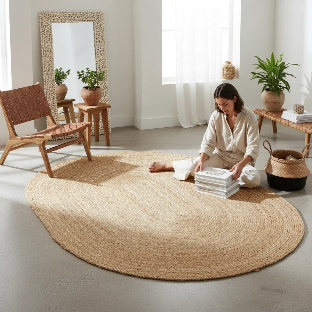Kayu Living oval braided jute rug in natural tones, 140 x 200 cm, with rustic texture.