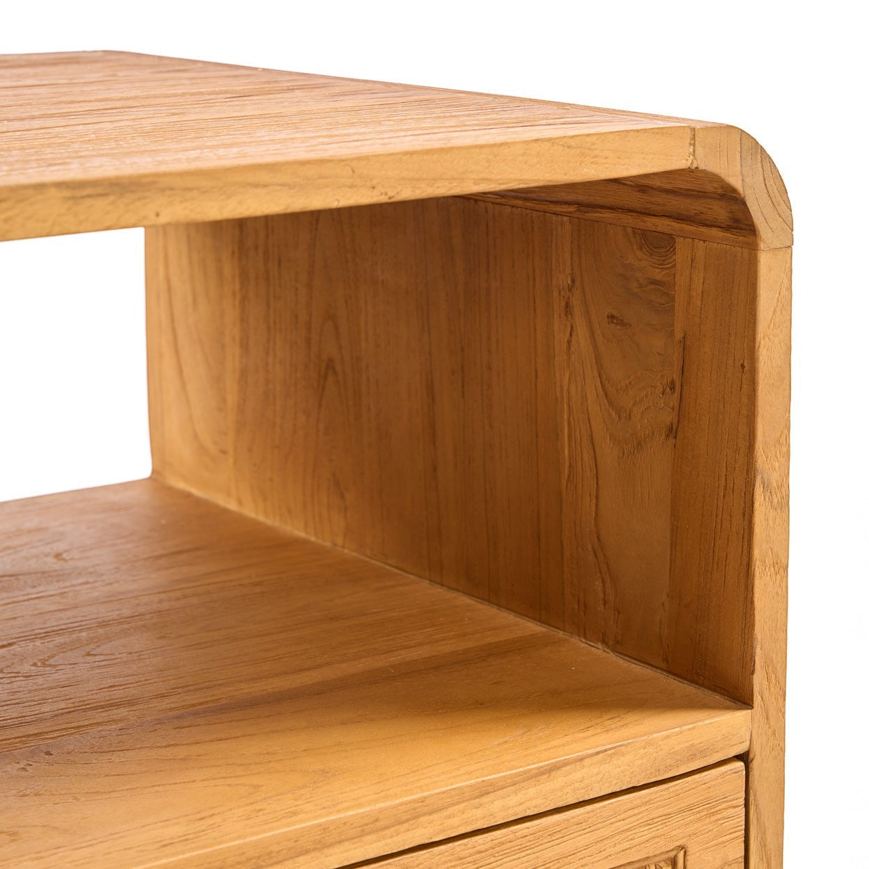 Kayu Living Breeze nightstand in natural teak wood with rounded edges and an open shelf design