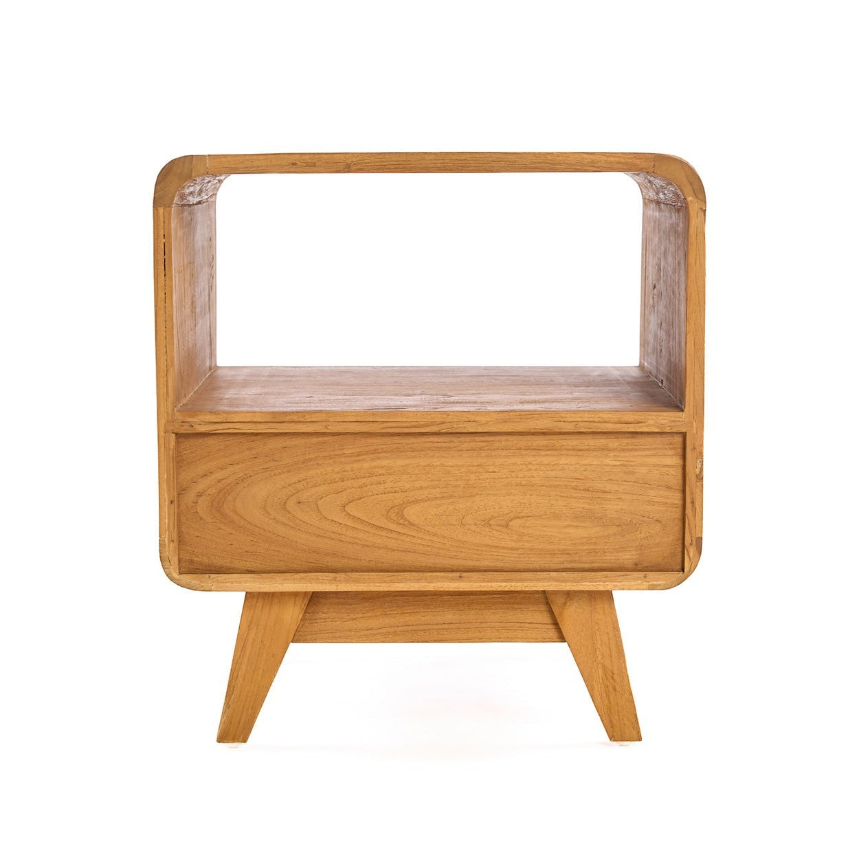 Kayu Living The Breeze nightstand in natural teak wood with a rounded frame, open shelf, and storage drawer.