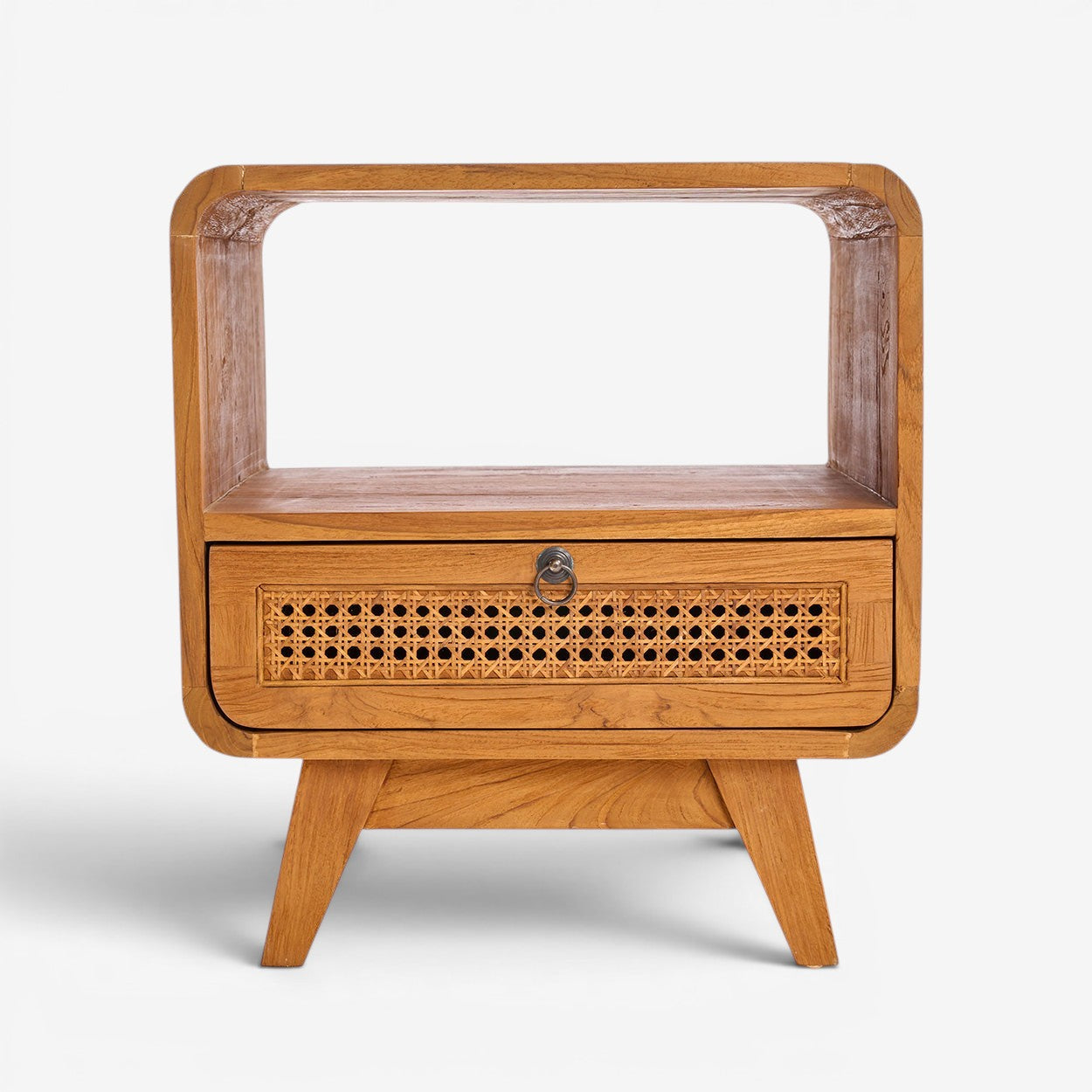 Kayu Living Breeze nightstand in natural teak wood with a handwoven rattan drawer front and open storage shelf.