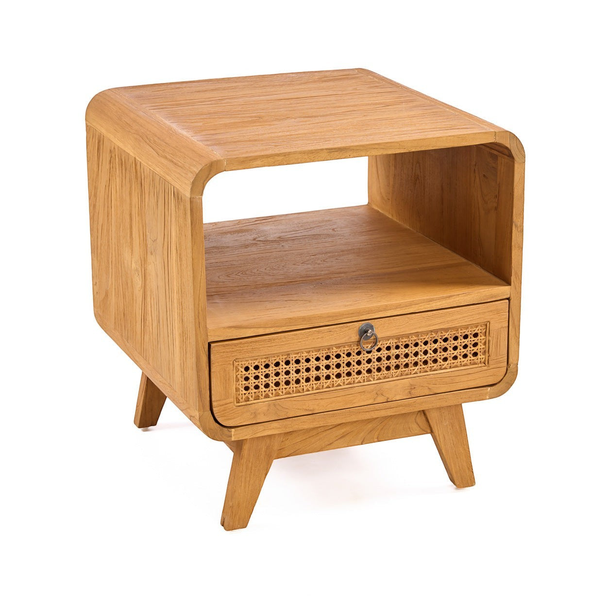 Kayu Living The Breeze Nightstand in natural teak wood with a handwoven rattan drawer front and open storage shelf.