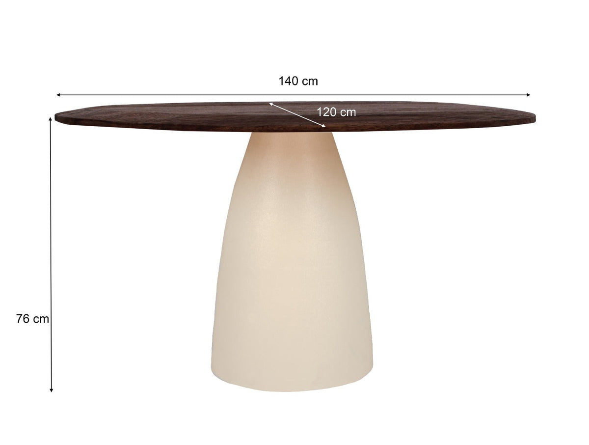 Kayu Living Brix dining table with a round brown hardwood top and a sculptural ivory steel pedestal base.