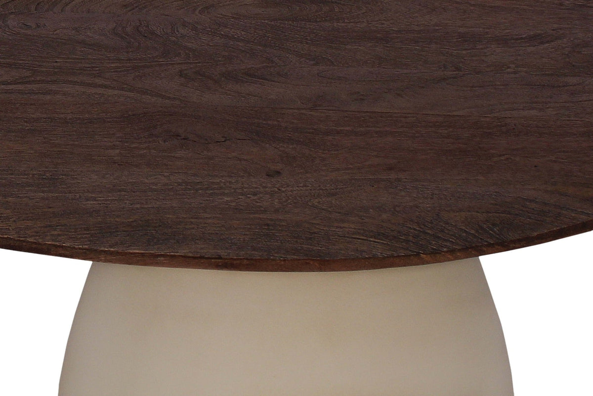 Kayu Living Brix brown hardwood side table with a sleek ivory steel base, showing the round tabletop texture.