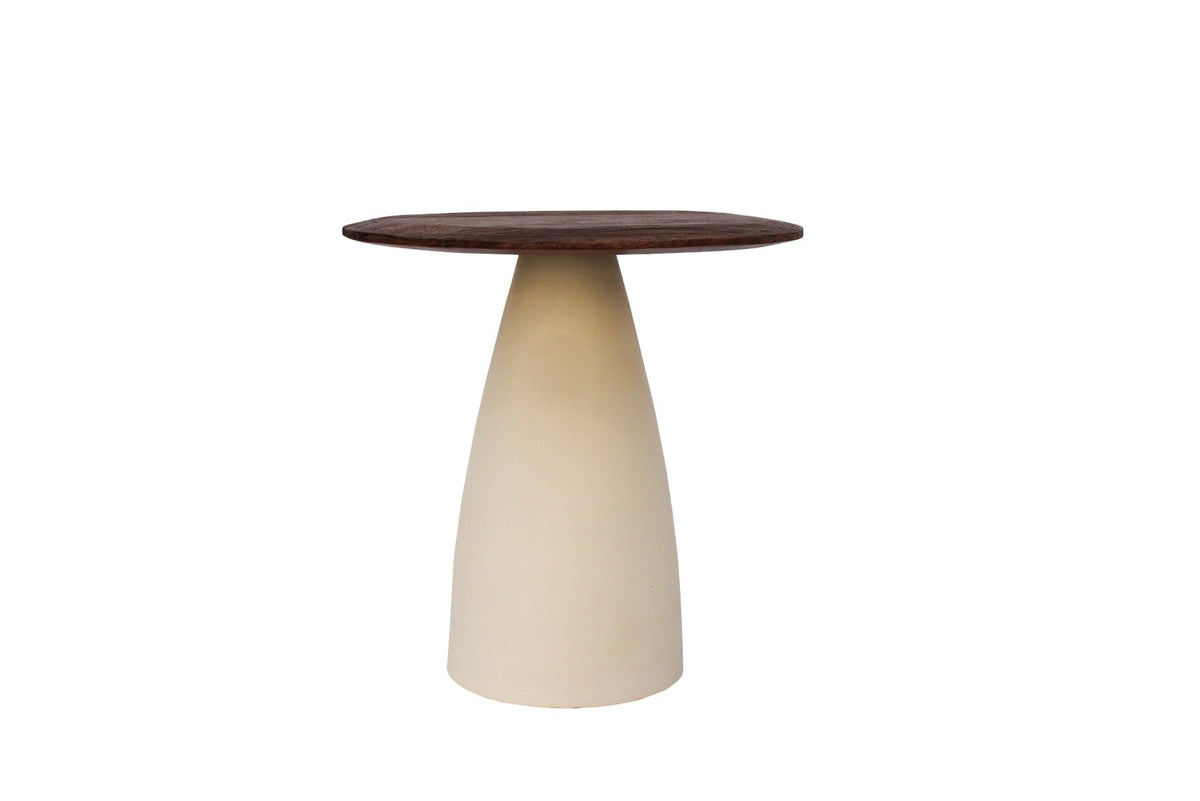 Kayu Living Brix Brown side table with a round dark hardwood top and a sleek ivory conical steel base.