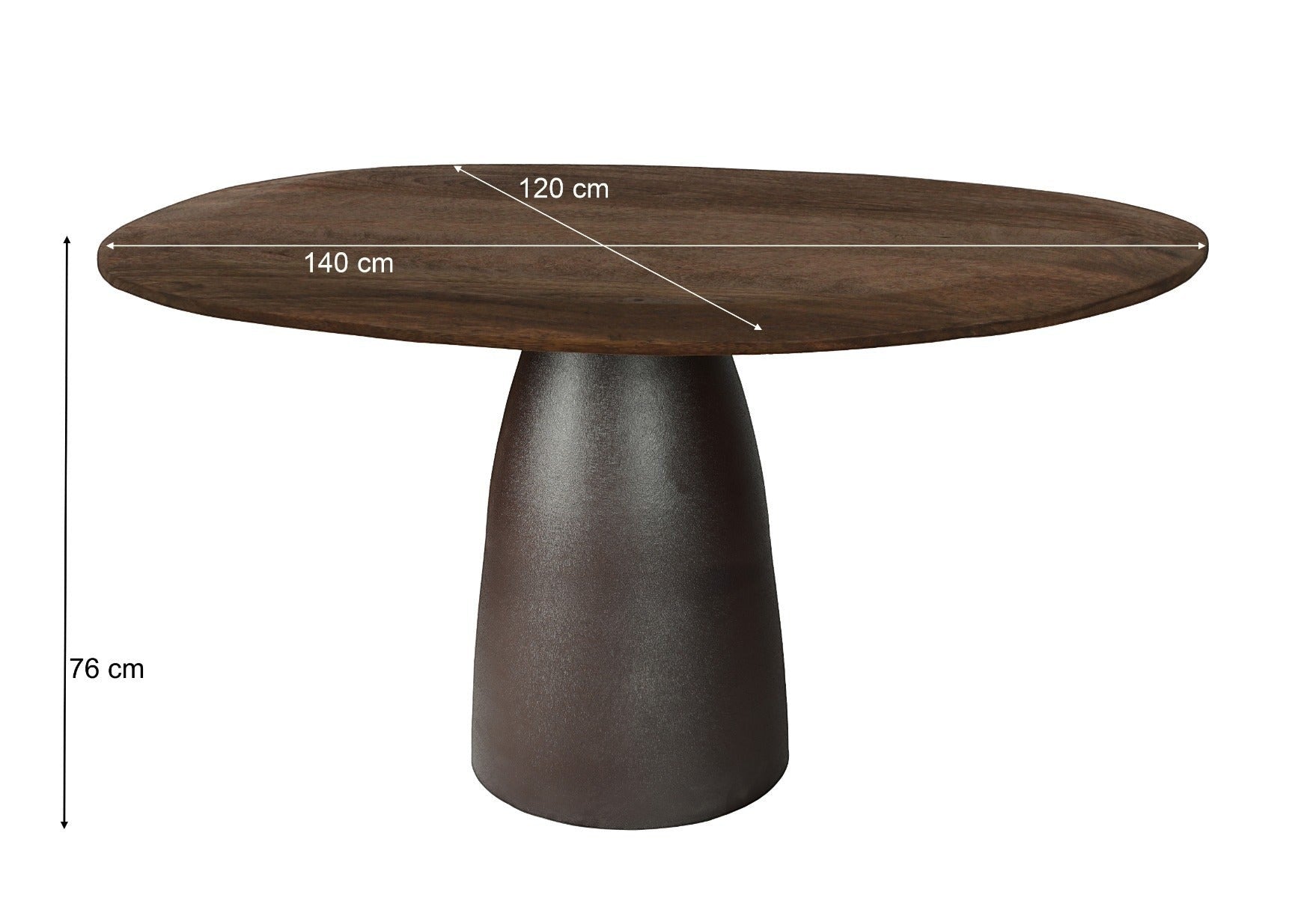 Kayu Living Brix dining table in dark espresso hardwood with a pedestal base and dimensions shown in centimeters