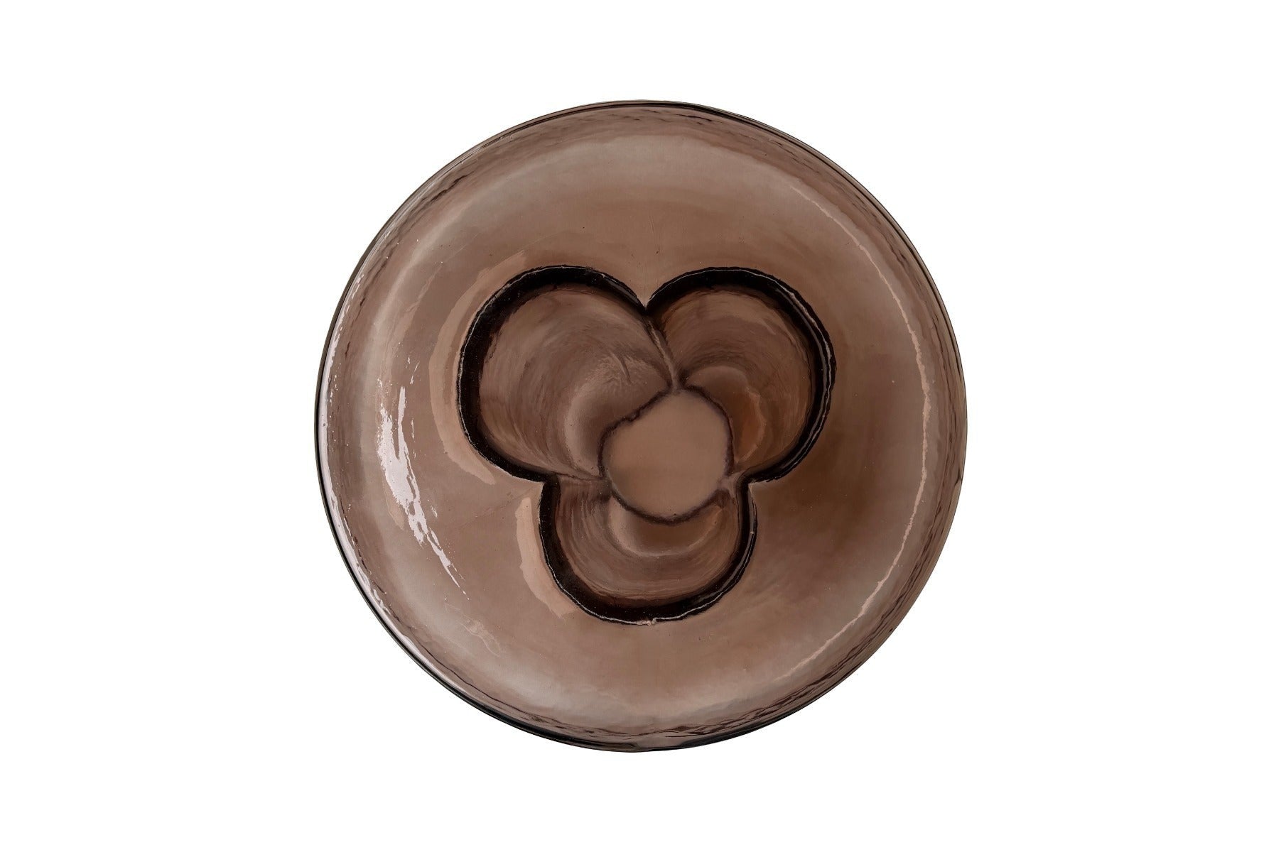 Kayu Living Brix Lio side table in smoked brown glass with a rounded top and sculptural fluted base, top view.