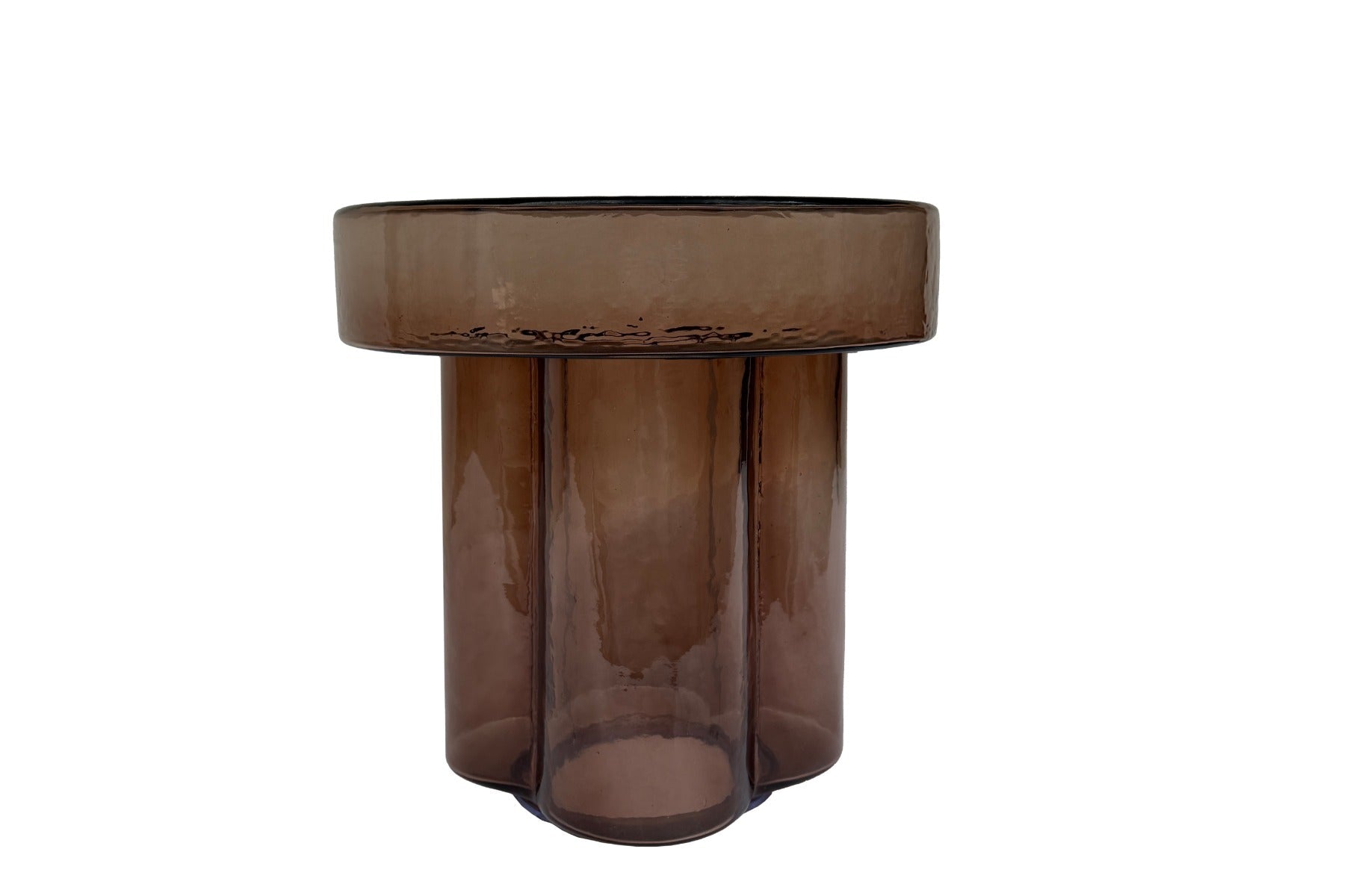 Kayu Living Brix Lio side table in smoked brown glass with a rounded top and fluted cylindrical base.