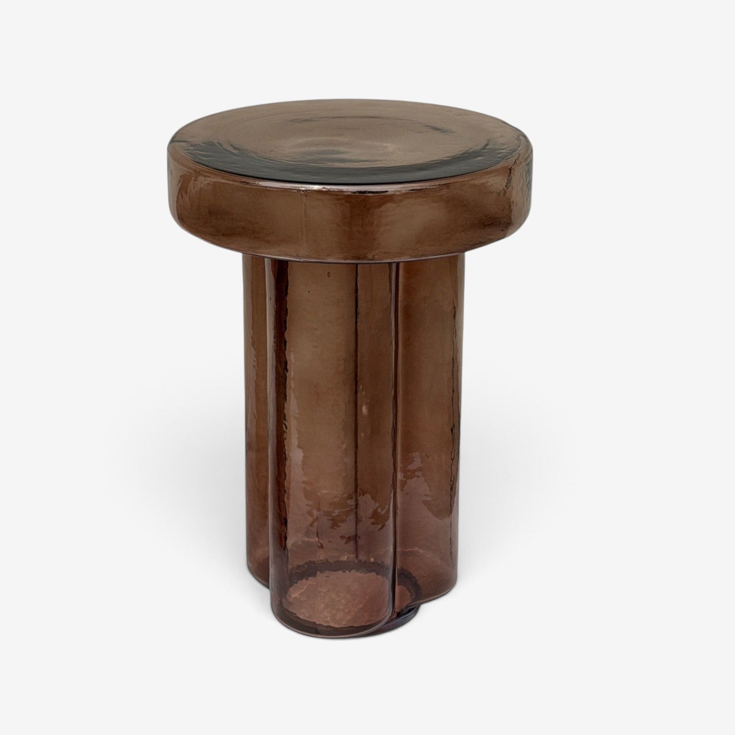 Kayu Living Brix Lio side table in smoked brown glass with a rounded top and fluted cylindrical base.