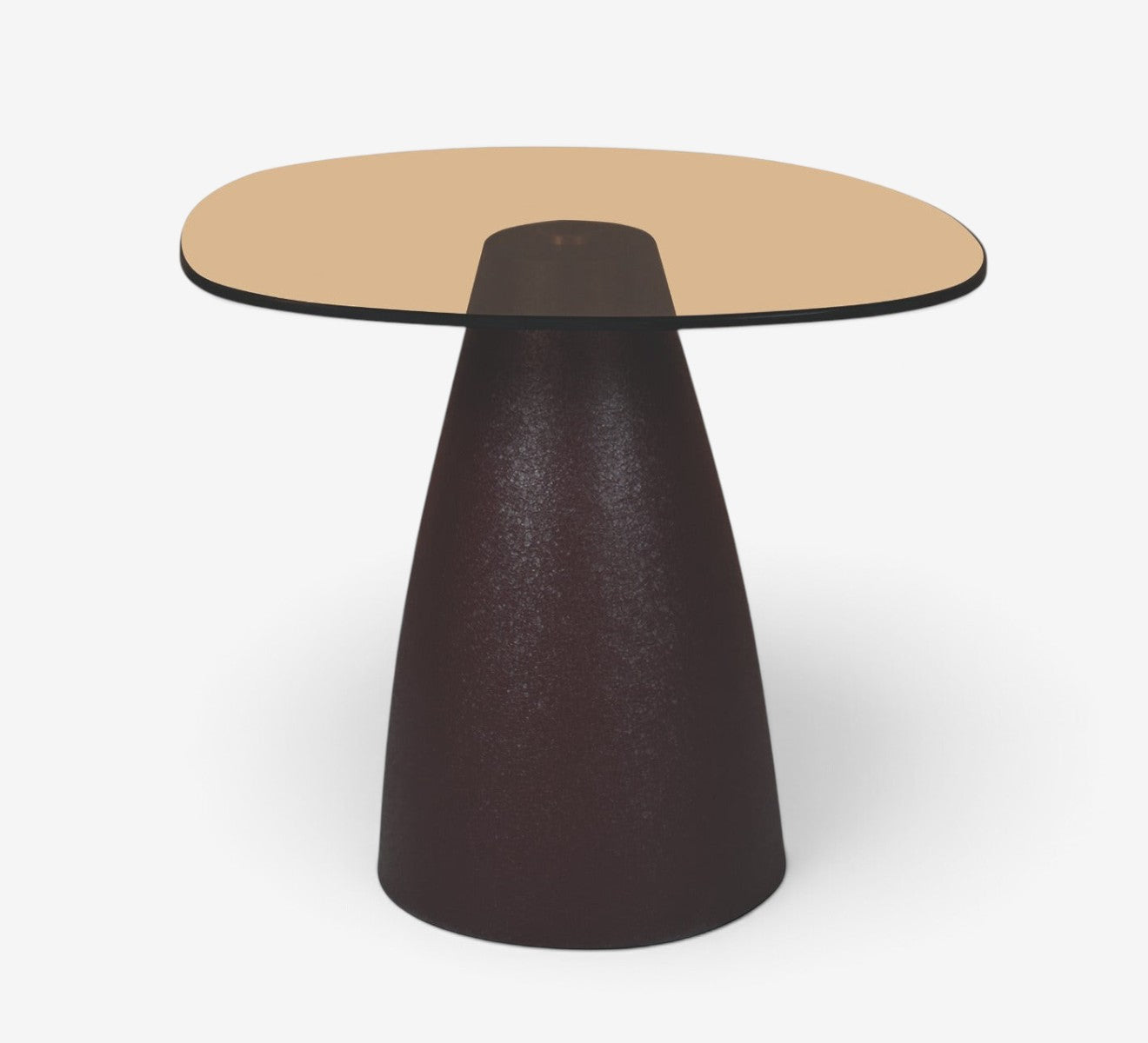 Kayu Living Brix Mylon coffee table with a round smoked-glass top and a textured brown steel conical base.