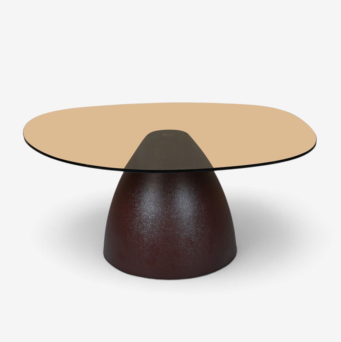 Kayu Living Brix Mylon coffee table with a round smoked-glass top and a textured brown steel pedestal base.