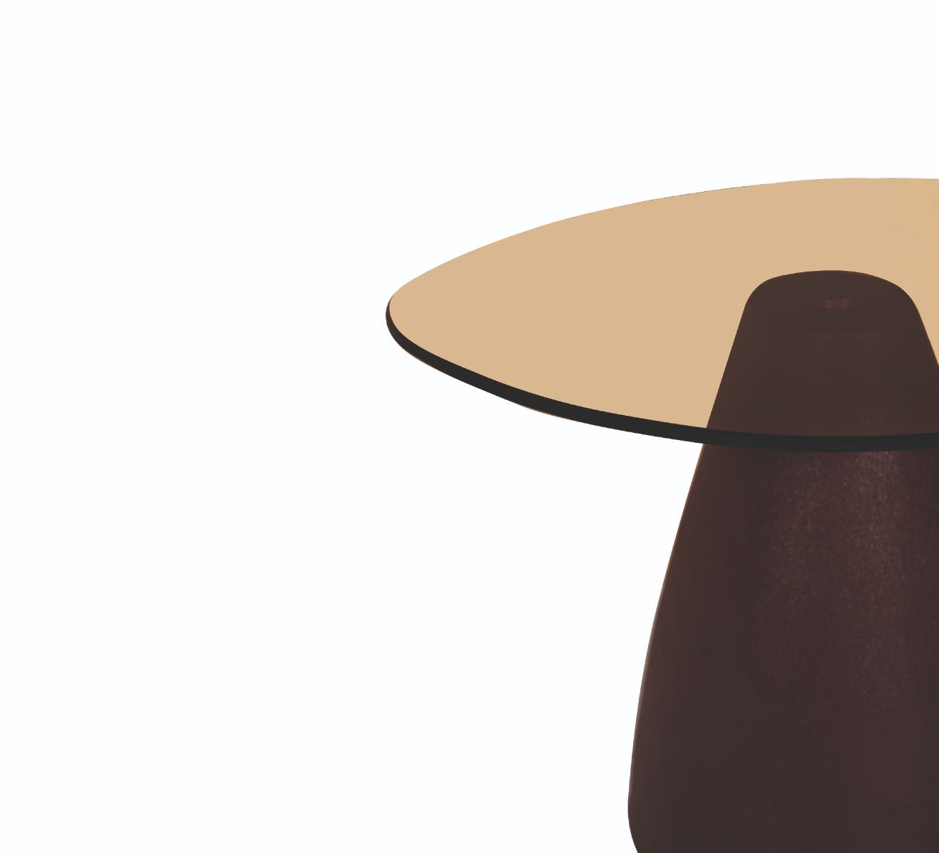 Kayu Living Brix Mylon coffee table featuring a round smoked-glass top and a burgundy steel pedestal base.