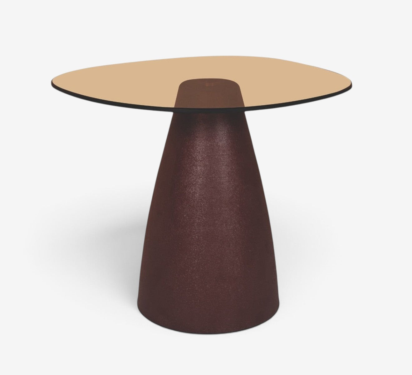 Kayu Living Brix Mylon coffee table with a round smoked-glass top and a burgundy steel conical base