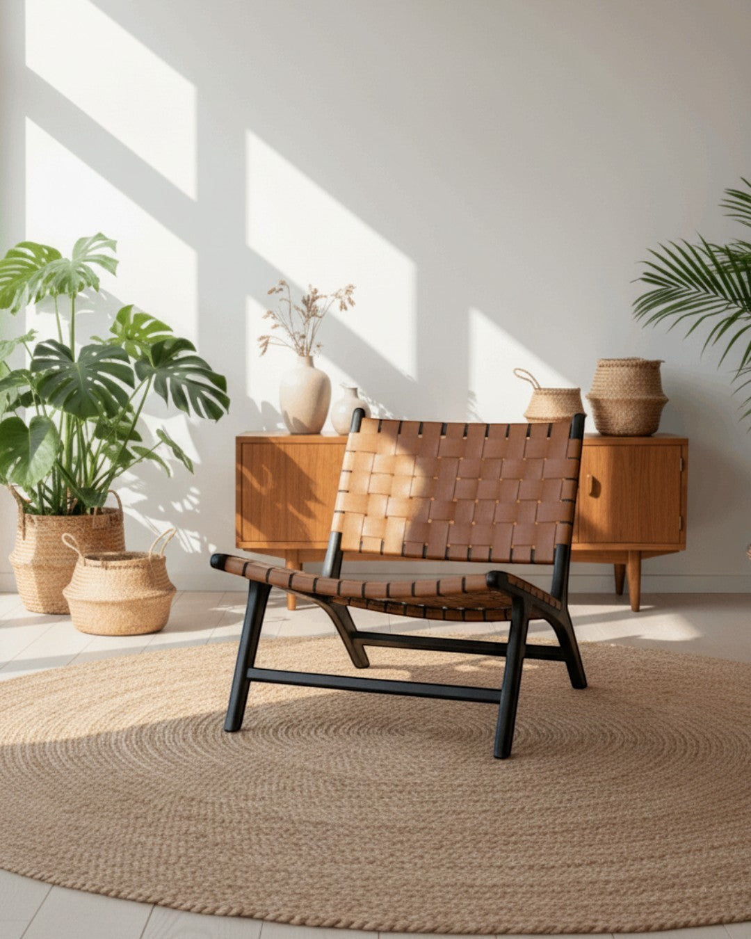 Kayu Living Philippa lounge chair with handwoven brown leather seat and black teak frame.