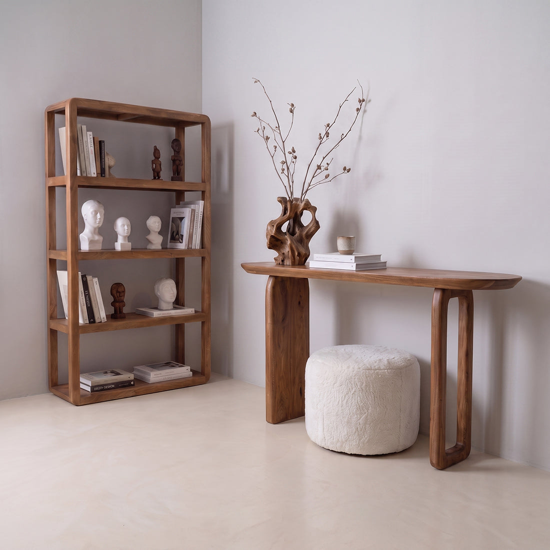 Kayu Living brown solid mango wood bullnose console table with rounded edges in a minimalist living room setting