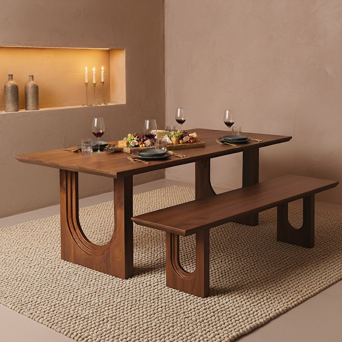 Kayu Living 180cm Bullnose chamfered dining bench in sustainable mango wood with rounded edges on a textured rug.