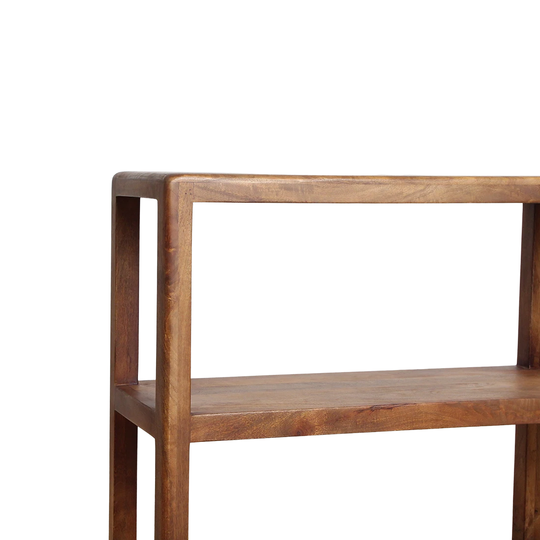 Kayu Living 3-tier bullnose mango wood rack with a natural warm brown finish and smooth rounded edges.