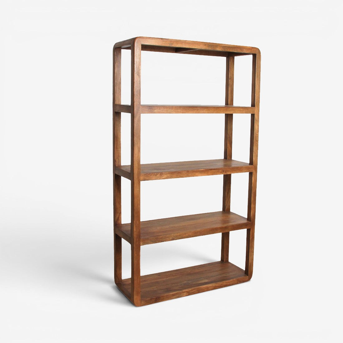 Kayu Living bullnose mango wood shelving unit with five tiers and rounded corners in a natural brown finish.