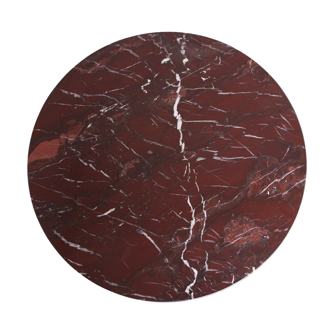Kayu Living round burgundy marble side table top with dramatic white veining and unique natural stone patterns.