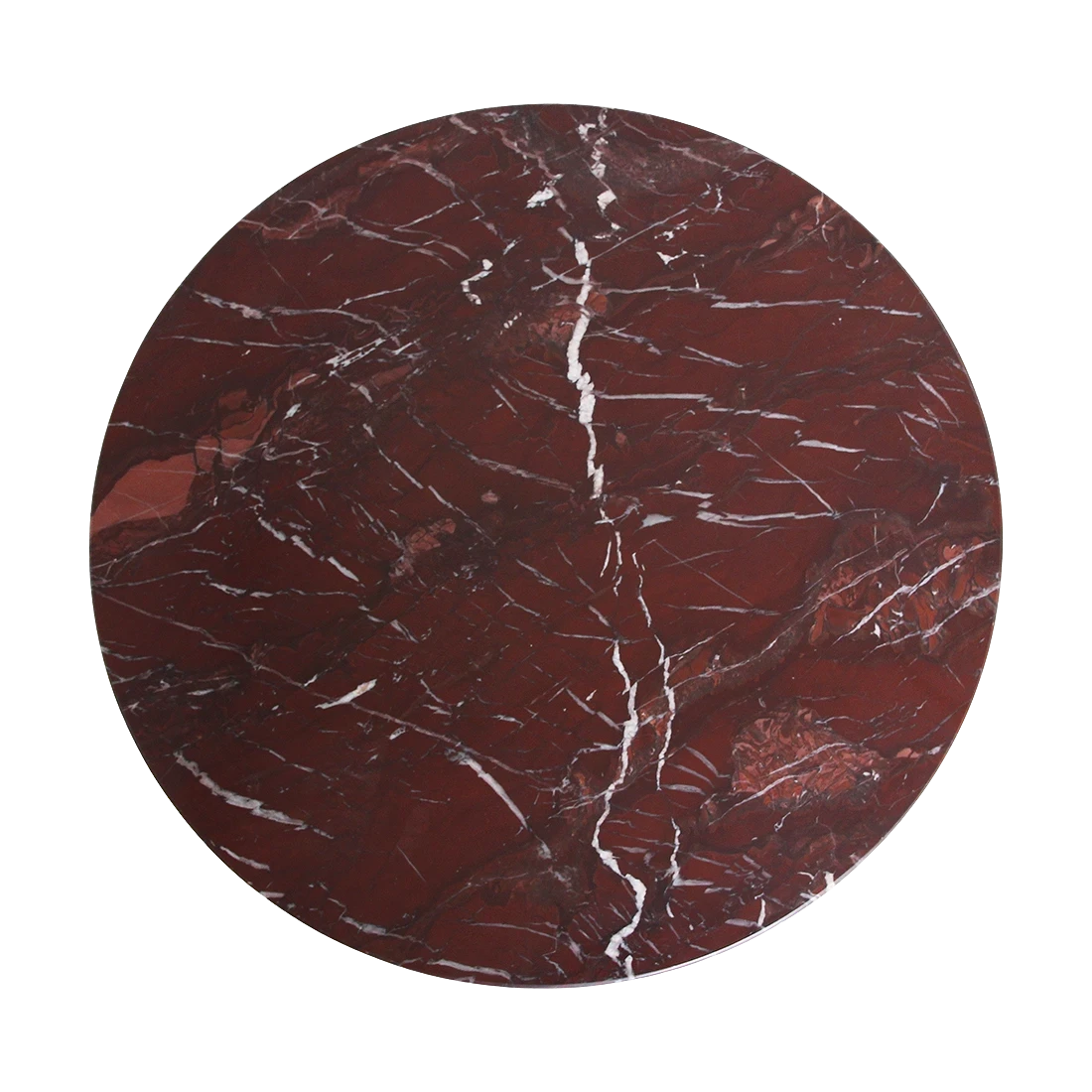 Kayu Living round burgundy marble side table top with dramatic white veining and unique natural stone patterns.
