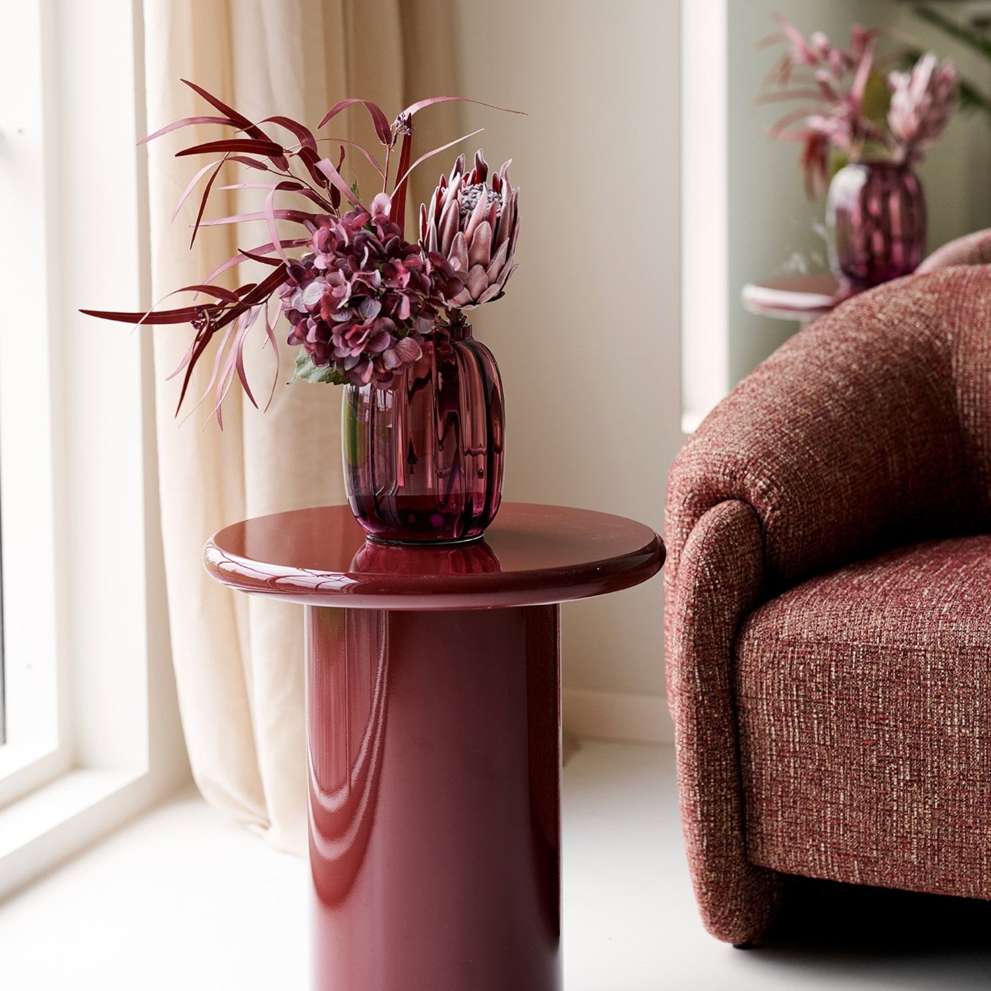 Kayu Living burgundy MDF side table with modern compact design, ideal for living rooms or bedrooms.