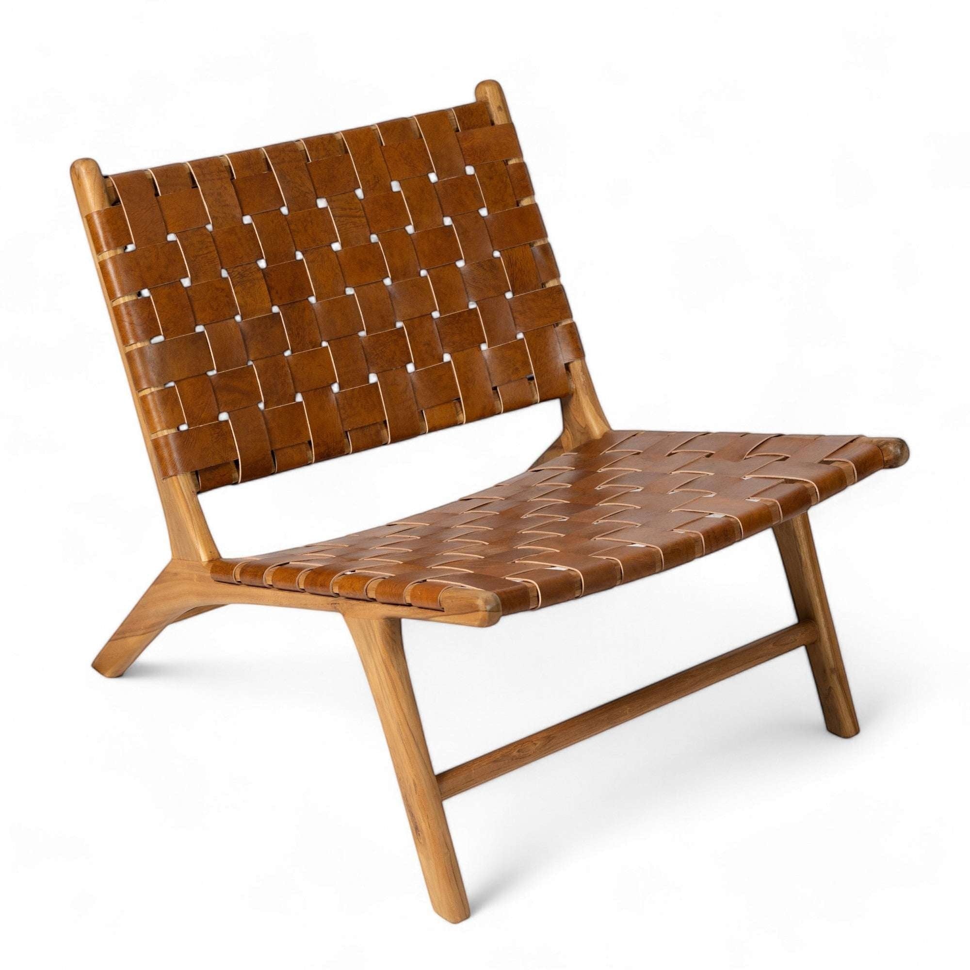 Kayu Living Sanur lounge chair with handwoven camel leather seat and teak frame. Modern, comfortable accent chair.