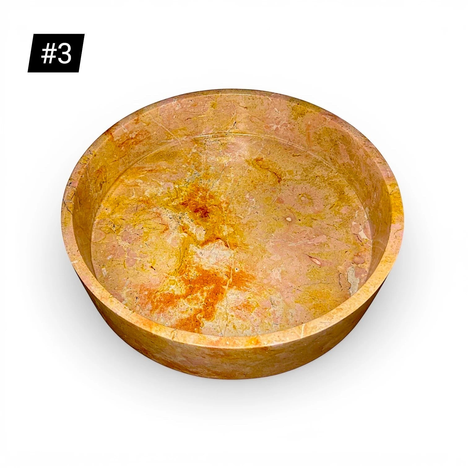 Kayu Living caramel onyx stone fruit bowl, 35 cm diameter, with unique veining. Perfect for display or centrepiece.