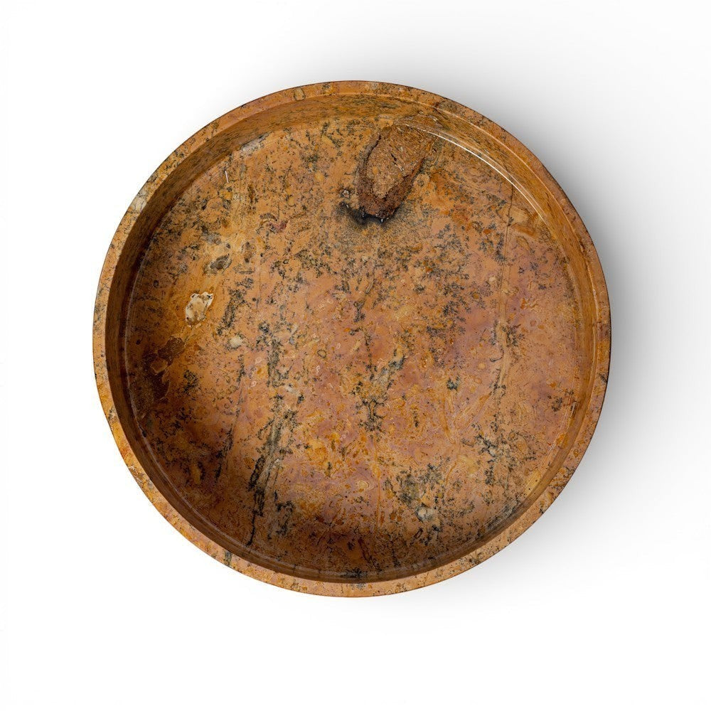 Kayu Living caramel onyx stone fruit bowl, 35 cm diameter, with natural veining for decorative display.