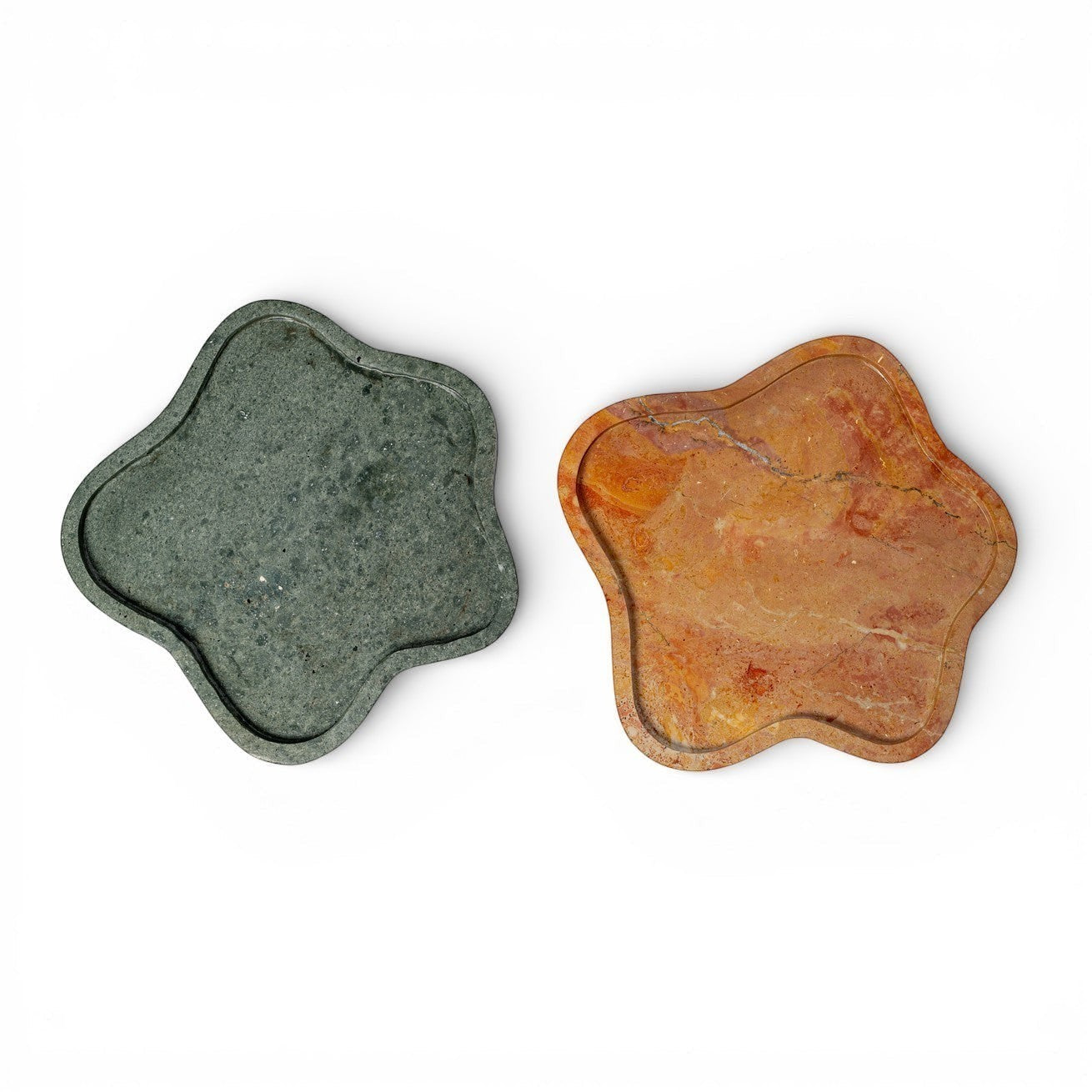 Kayu Living Caramel veined onyx stone tray with wavy edge, featuring pink, ochre, and terracotta tones.