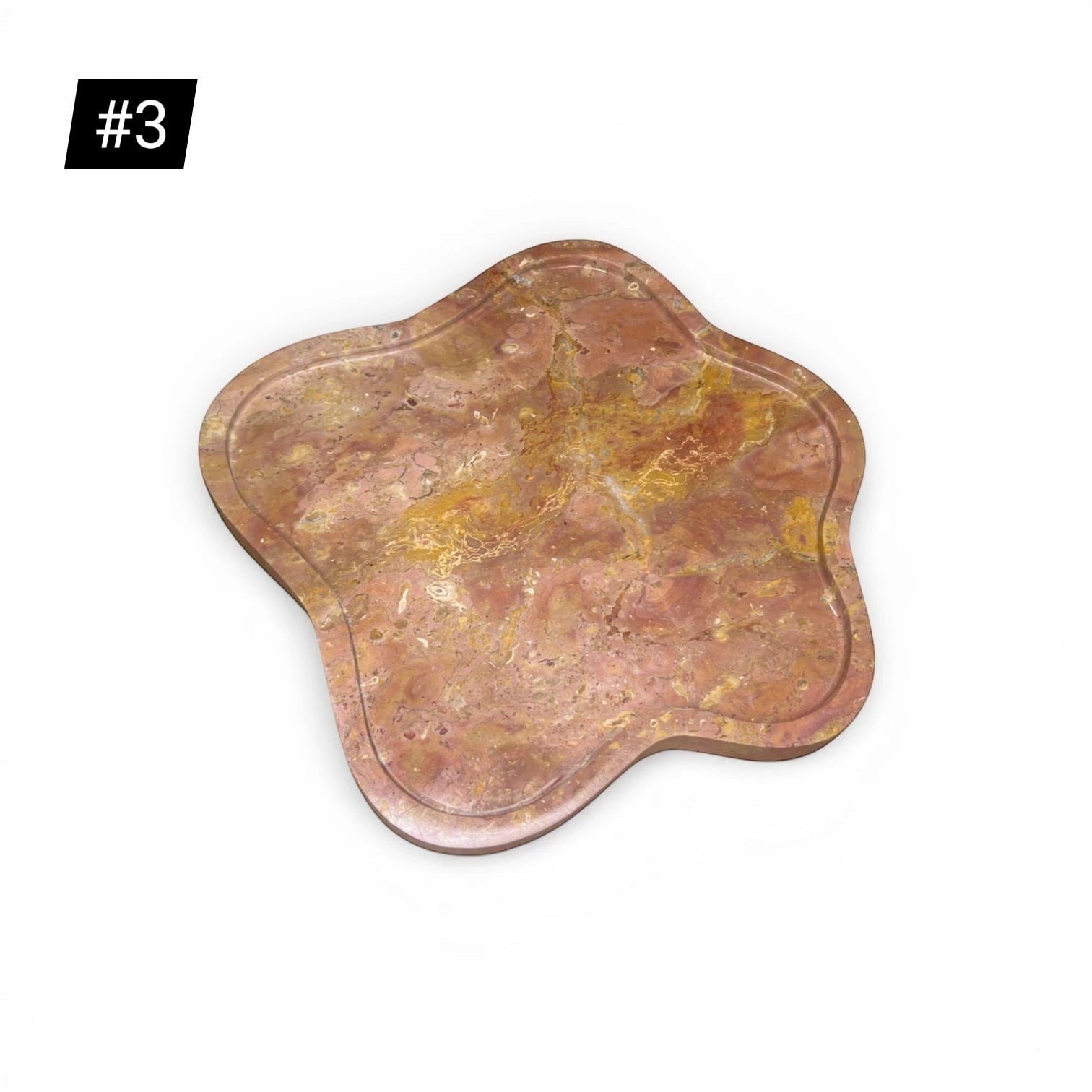 Kayu Living caramel veined onyx stone tray with wavy edge, ideal for coffee tables or vanities.