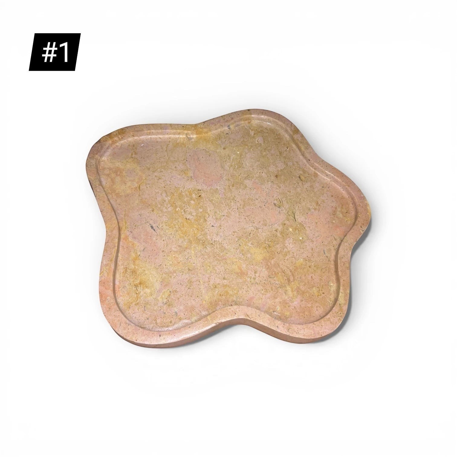 Kayu Living Flow Tray in caramel veined onyx stone with pink, ochre, and terracotta tones. Features a wavy edge.