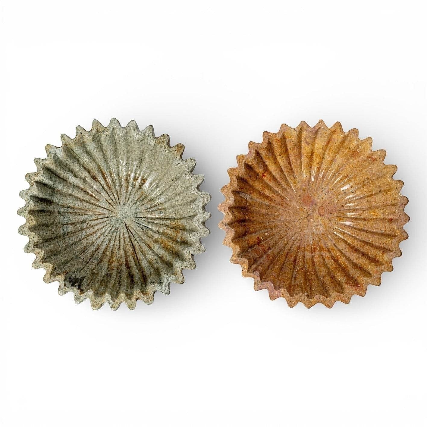 Kayu Living caramel wavy edge onyx stone bowl with sunburst carving. Decorative serving dish.