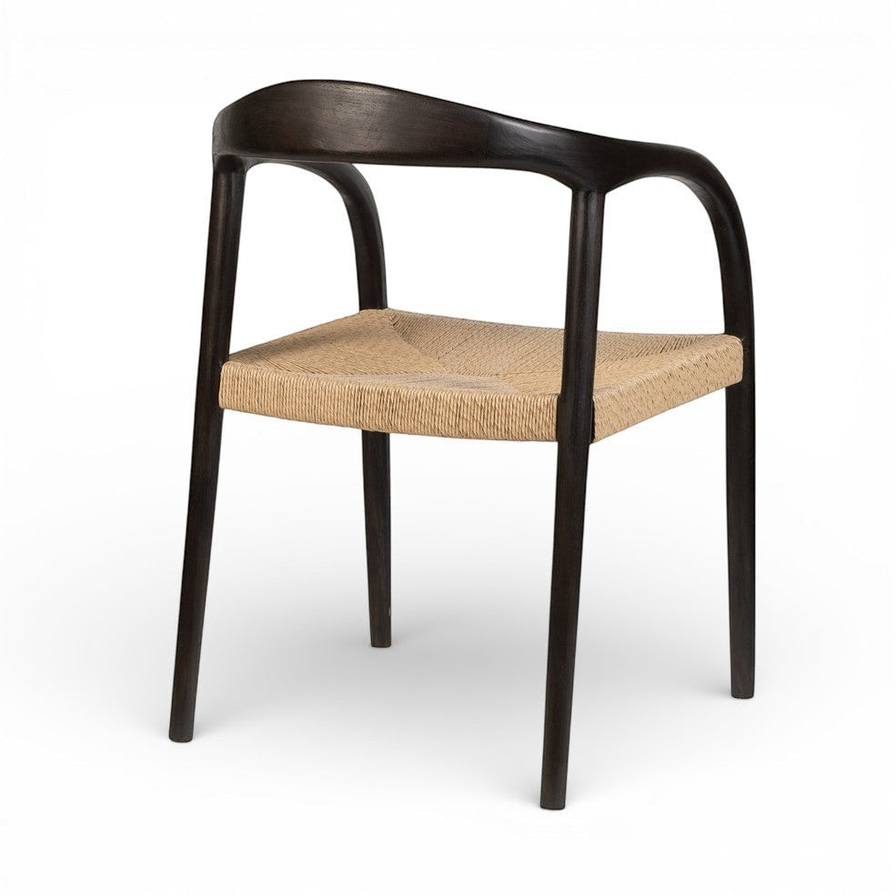 Kayu Living Cemagi dark brown teak chair with handwoven natural rope seat, suitable for indoor/outdoor use.